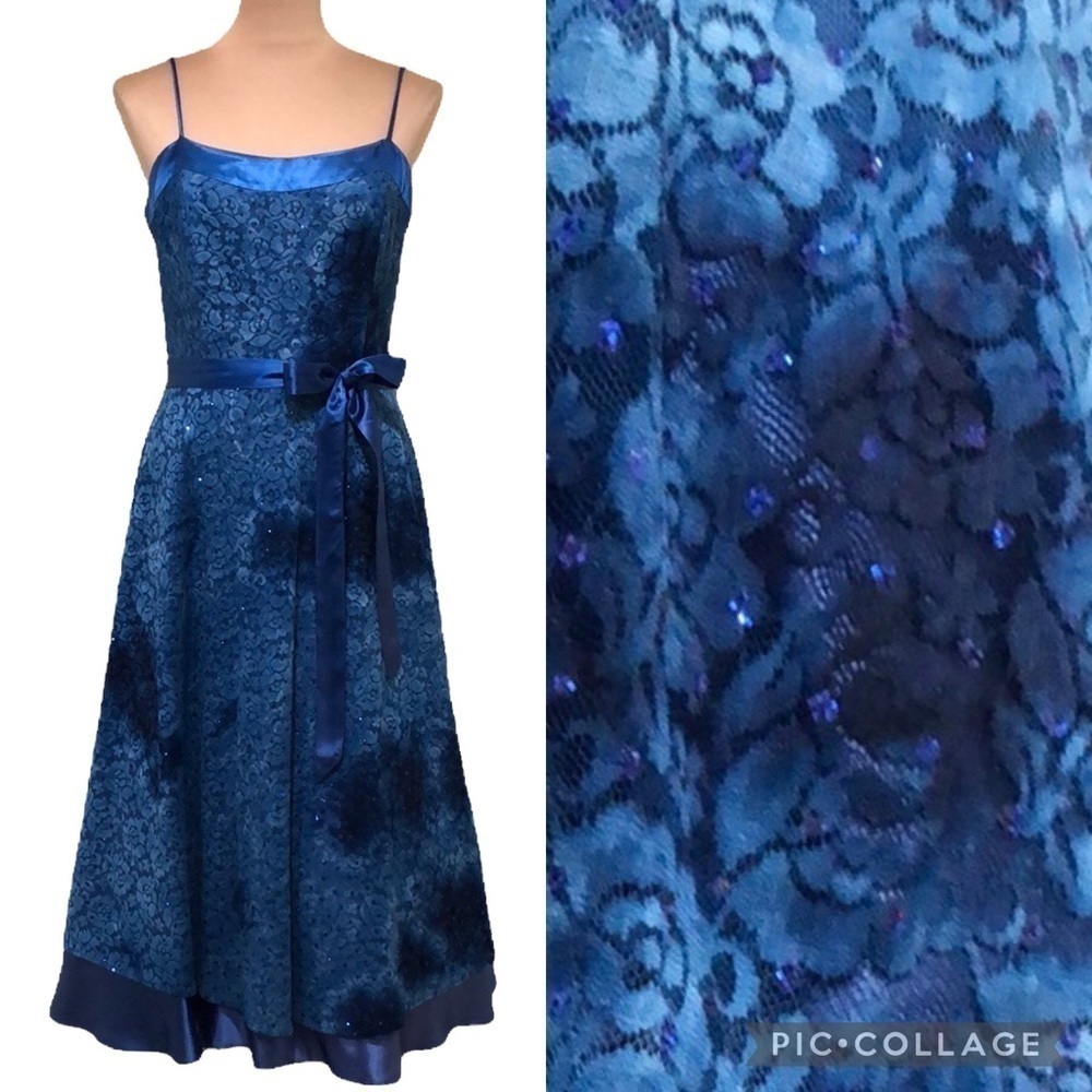 Vintage 90s Formal Midi Dress Size 8 Blue Tie Dye Floral Lace Glitter Polka Dots